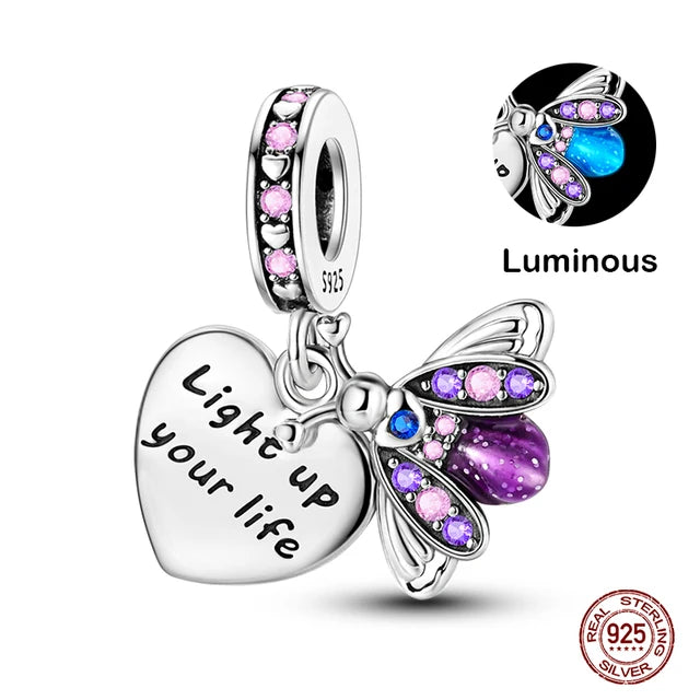 925 Original Bracelets: Chameleon Luminous Firefly Butterfly Silver Charms - Fits Pandora, Ideal for DIY Jewelry Making